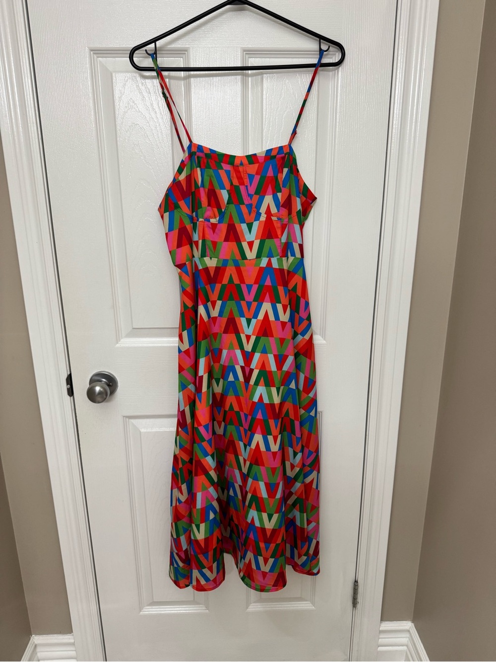 Valentino Multicolor Geometric Spaghetti-Strap Dress, size 38
